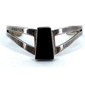 Black Onyx Sterling 925 Bracelet Mexico Fits 7" TE 21 Vintage Signed